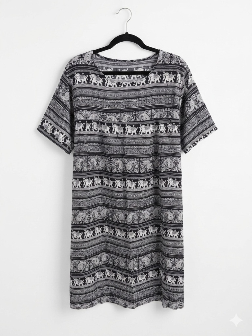 Black & White Elephant Print Short Sleeve Tunic Loose T shirt Dress Swim Cover